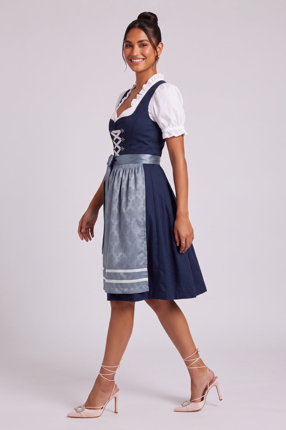 navy blue matte woven cotton-blend for bodice and skirt fit-and-flare dirndl set navy blue, white, dusty blue matte woven cotton-blend for bodice and skirt dirndl set - product view 3