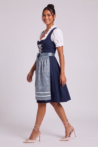 navy blue matte woven cotton-blend for bodice and skirt fit-and-flare dirndl set navy blue, white, dusty blue matte woven cotton-blend for bodice and skirt dirndl set - product view 3