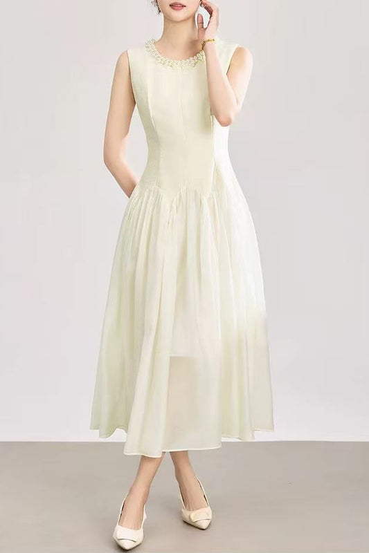 Sleeveless Midi Dress with Tulle Skirt and Pearl Embellished Collar - Ivoire