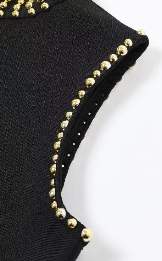 Black Heavy Bandage Knit Maxi Dress with Fringe Hem and Gold Embellishments