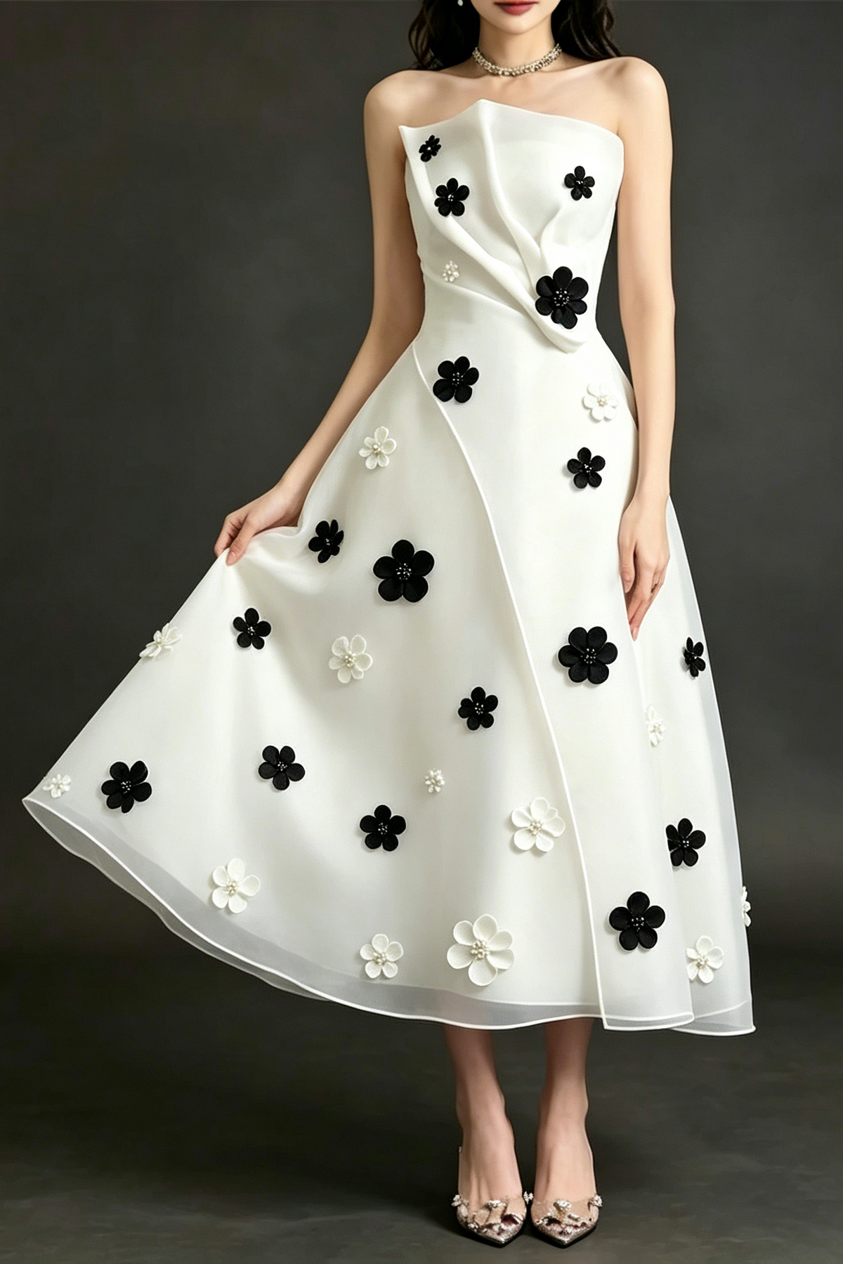 Draped Strapless 3D Floral Organza Midi Dress