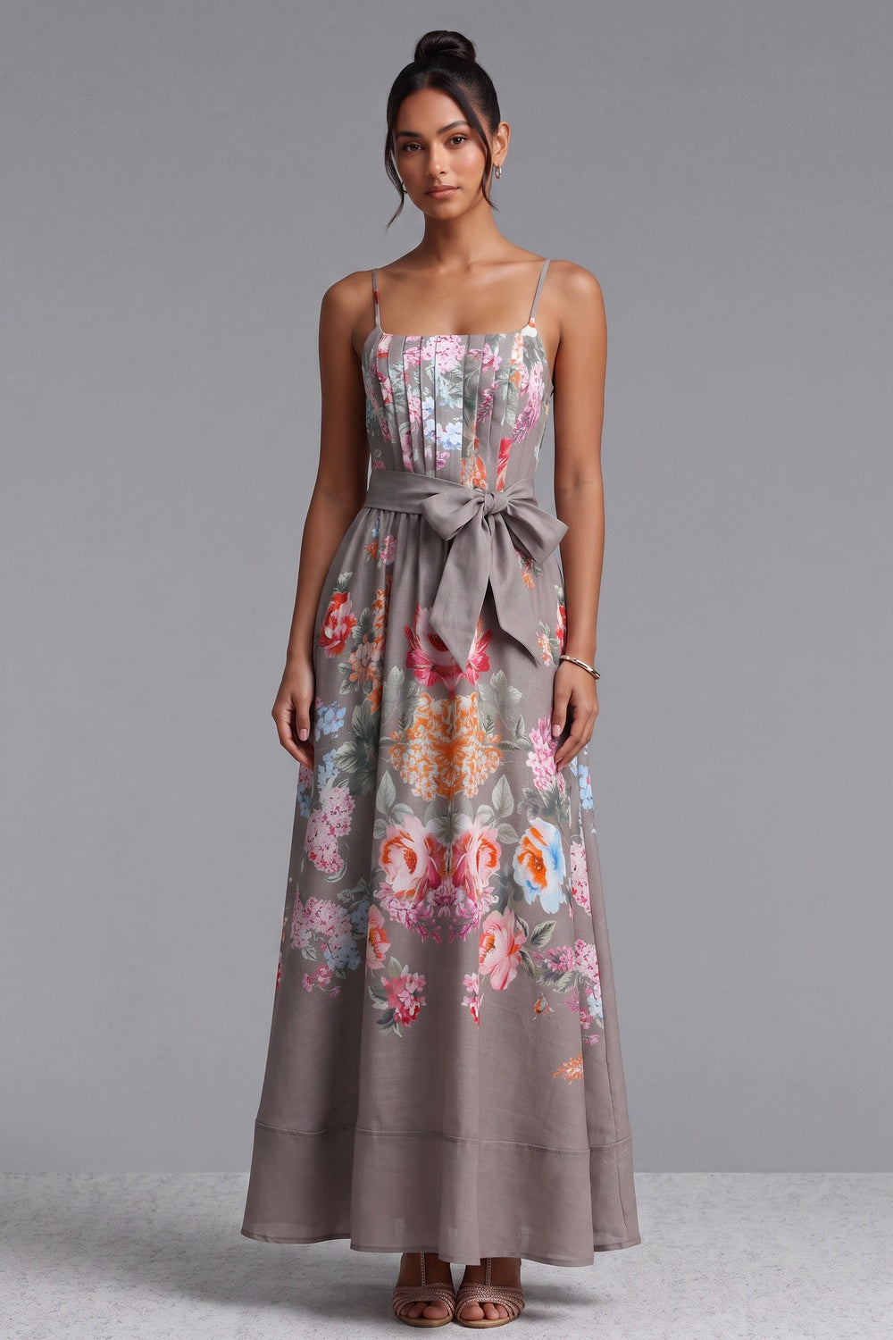 Taupe Linen-Blend A-Line Floral Maxi Dress taupe, warm grey linen-blend dress - product view 1