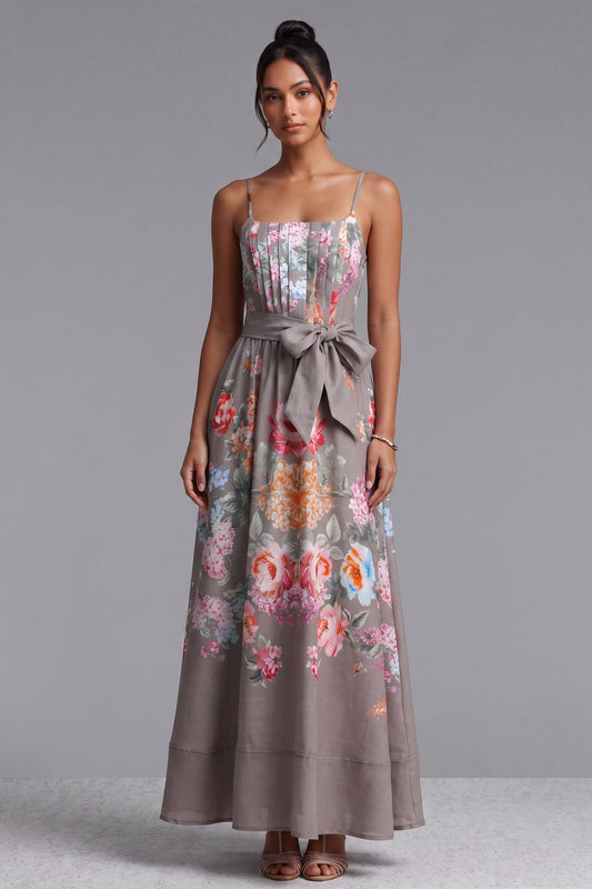 Taupe Linen-Blend A-Line Floral Maxi Dress taupe, warm grey linen-blend dress - product view 1