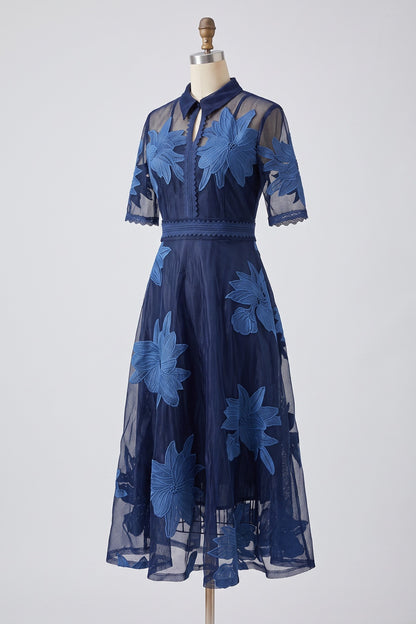 Navy Blue Sheer Organza A-Line Midi Dress with Floral Embroidery