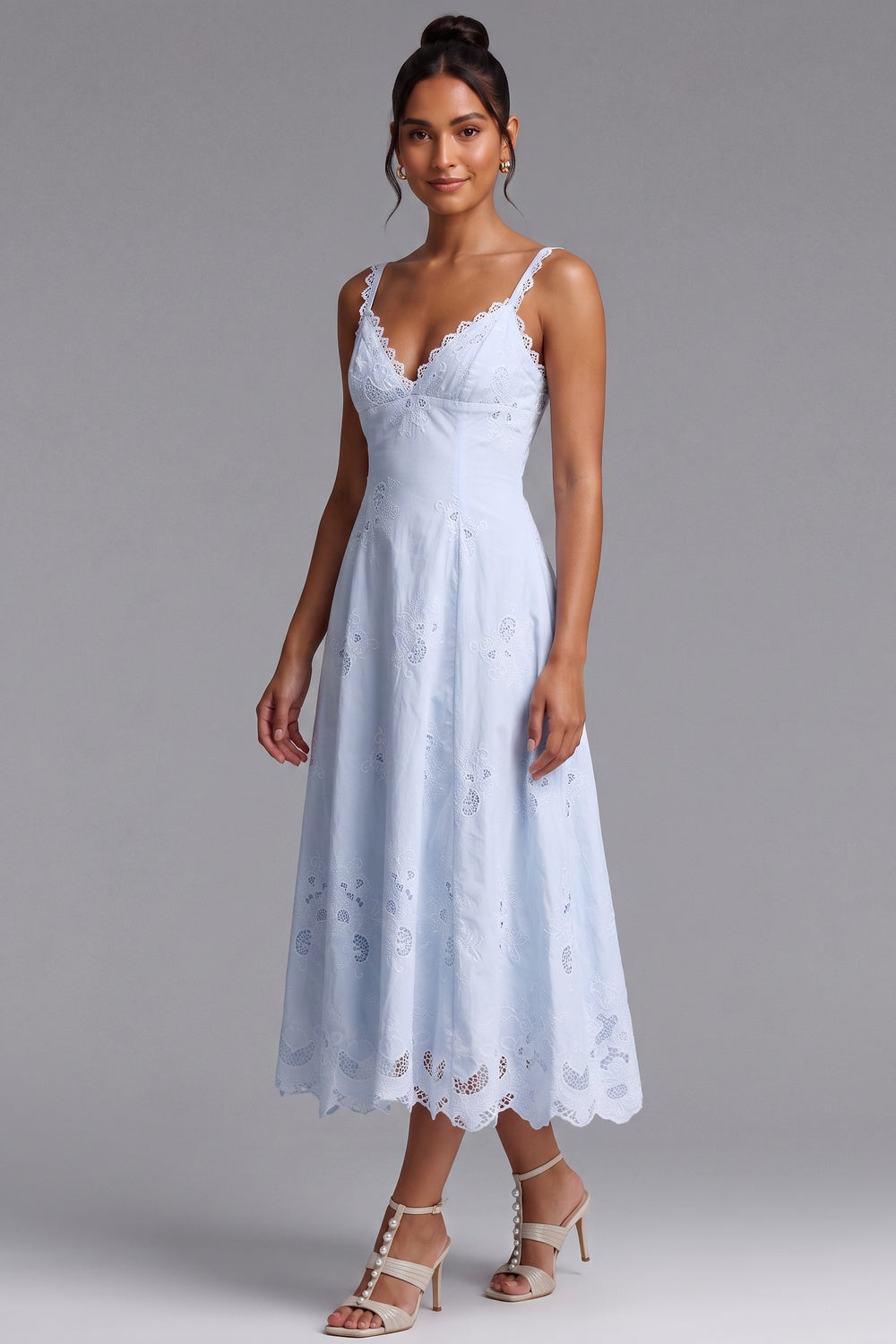 Light Blue Cotton Eyelet A-Line Midi Dress light blue cotton eyelet dress - product view 1