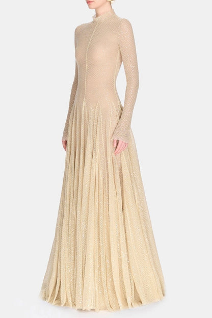 anila Beige mesh long sleeve slim maxi dress