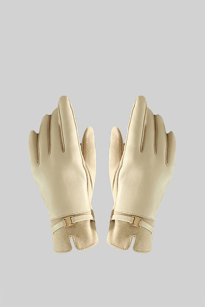 Vegan Leather And Suede Gloves With Gold Buckle Detail - Beige