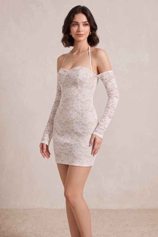 White Lace Cold-Shoulder Bodycon Mini Dress white lace dress - product view 2