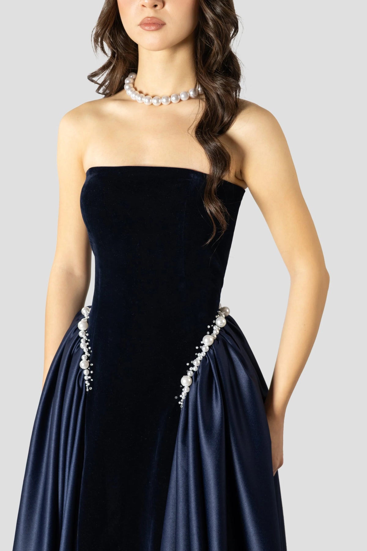 samantha Dark Blue Pearls Embroidered strapless maxi Dress