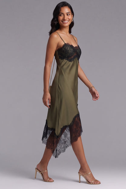 Olive Green Satin Asymmetrical Slip Dress with Black Lace Trim olive green satin dress - product view 3