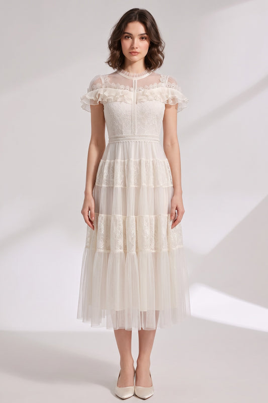 Ivory Floral lace and sheer tulle Fit-and-flare, tiered A-line Midi dress Ivory, Cream Floral lace and sheer tulle Midi dress - product view 1