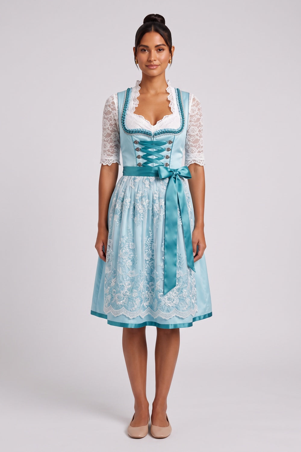 light blue satin-finish polyester or taffeta fit-and-flare dirndl set light blue, aqua satin-finish polyester or taffeta dirndl set - product view 1