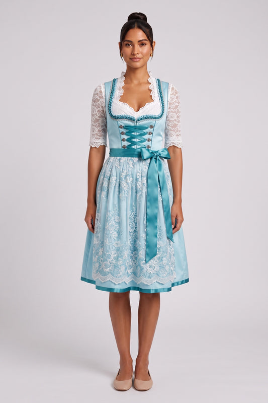 light blue satin-finish polyester or taffeta fit-and-flare dirndl set light blue, aqua satin-finish polyester or taffeta dirndl set - product view 1
