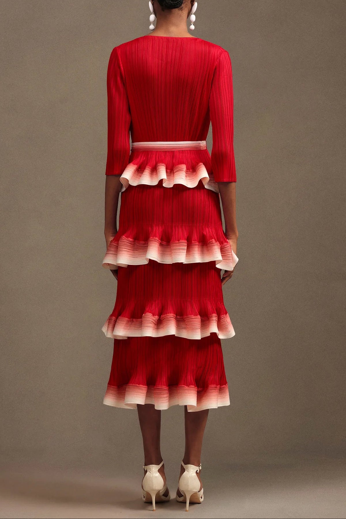 victoria Pleated Round Neck Long Sleeve Falbala Woven Maxi Dress in red