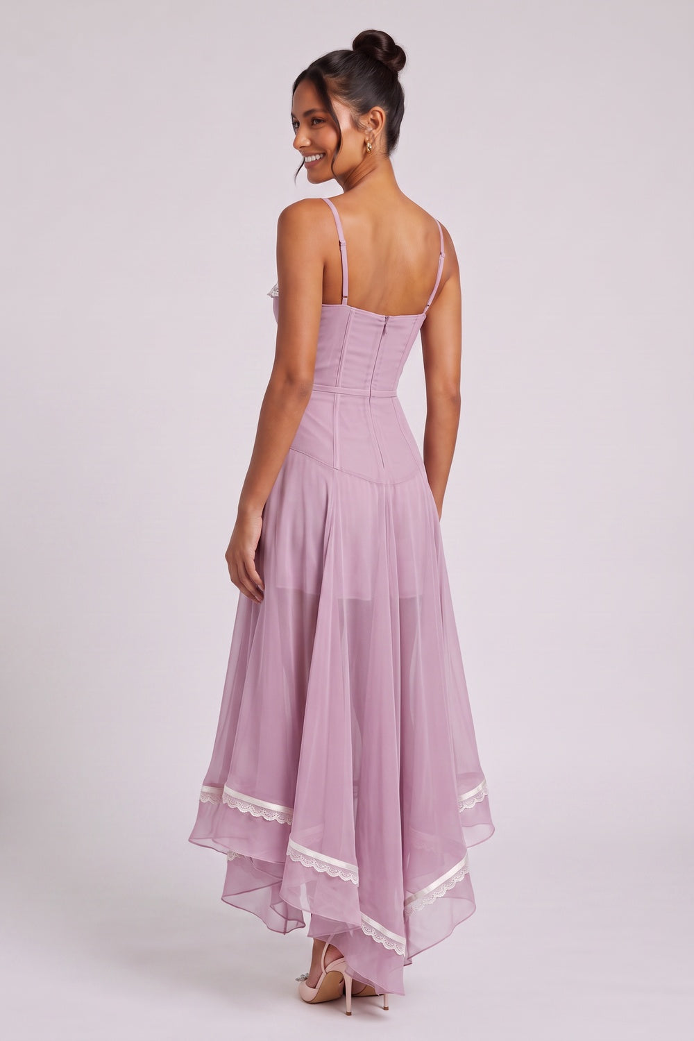 Dusty Lavender Sheer Chiffon Fit-and-Flare Midi Dress dusty lavender sheer chiffon dress - product view 5