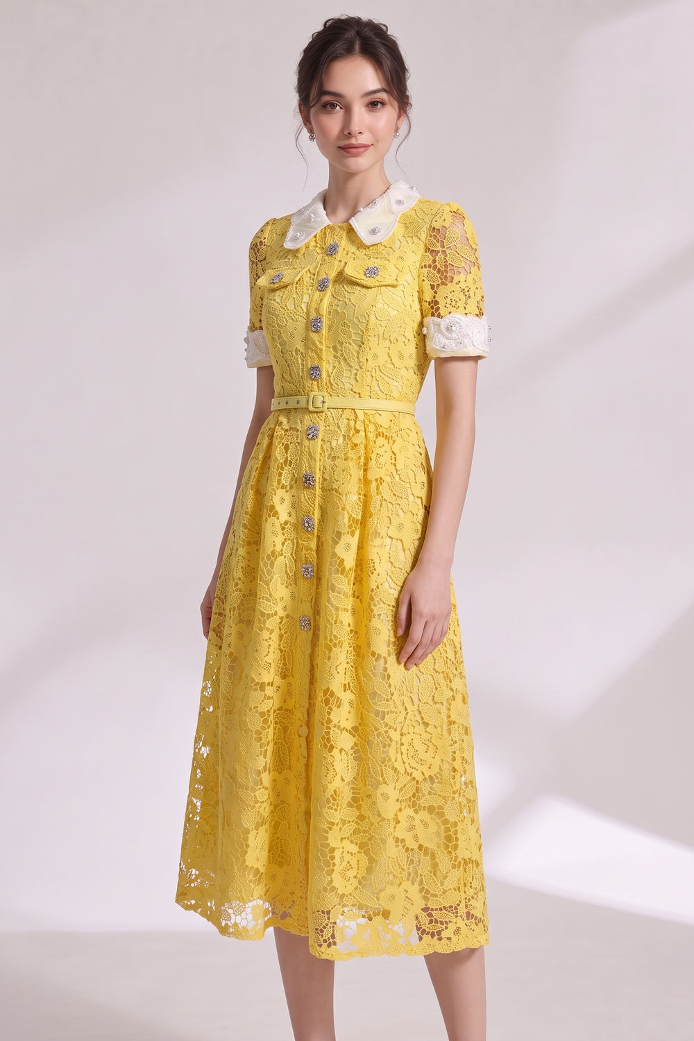 Yellow Guipure Floral Lace A-Line Midi Dress yellow guipure floral lace dress - product view 2