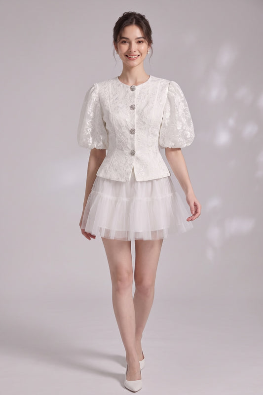 Puff Sleeve Lace Crop Jacket & Tiered Tulle Mini Skirt Two Piece Set