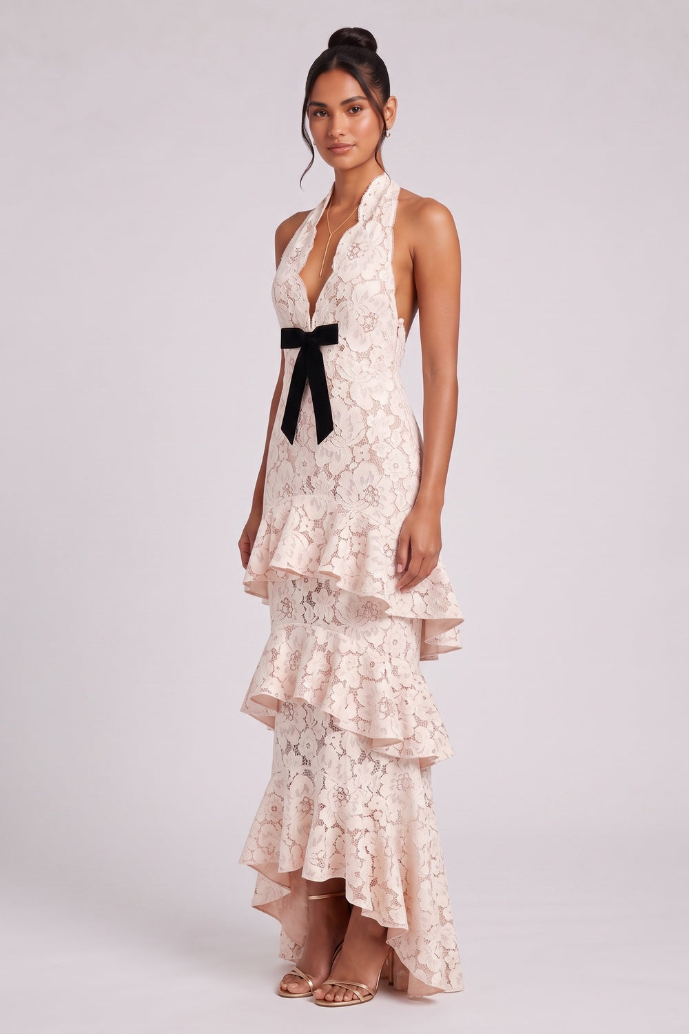 Pale Pink Floral Lace Tiered Halter Gown pale pink floral lace gown - product view 2