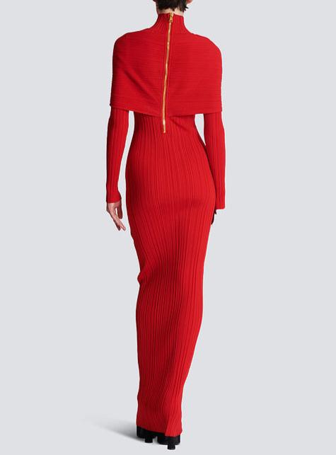long sleeve pleated knit maxi dress in red