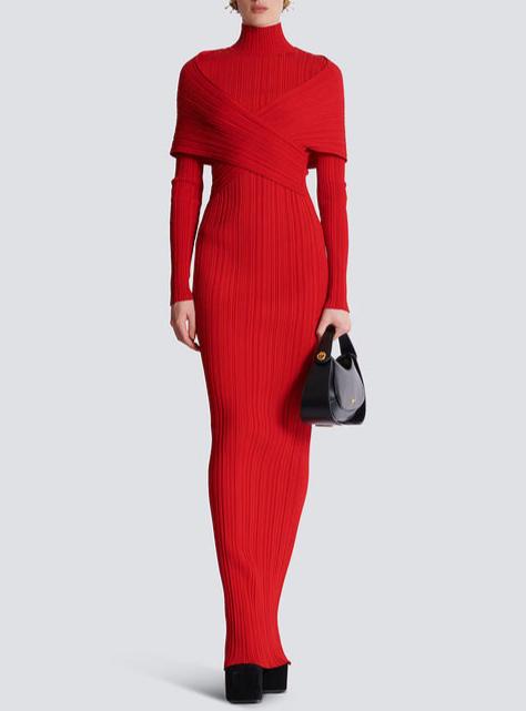 long sleeve pleated knit maxi dress in red