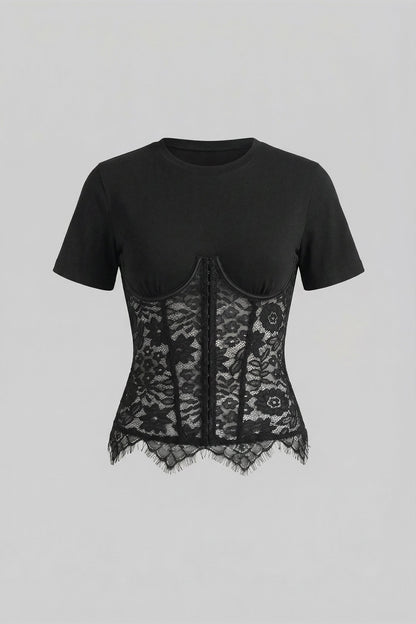 Black Spliced Floral Lace Corset Short Sleeve T-shirt