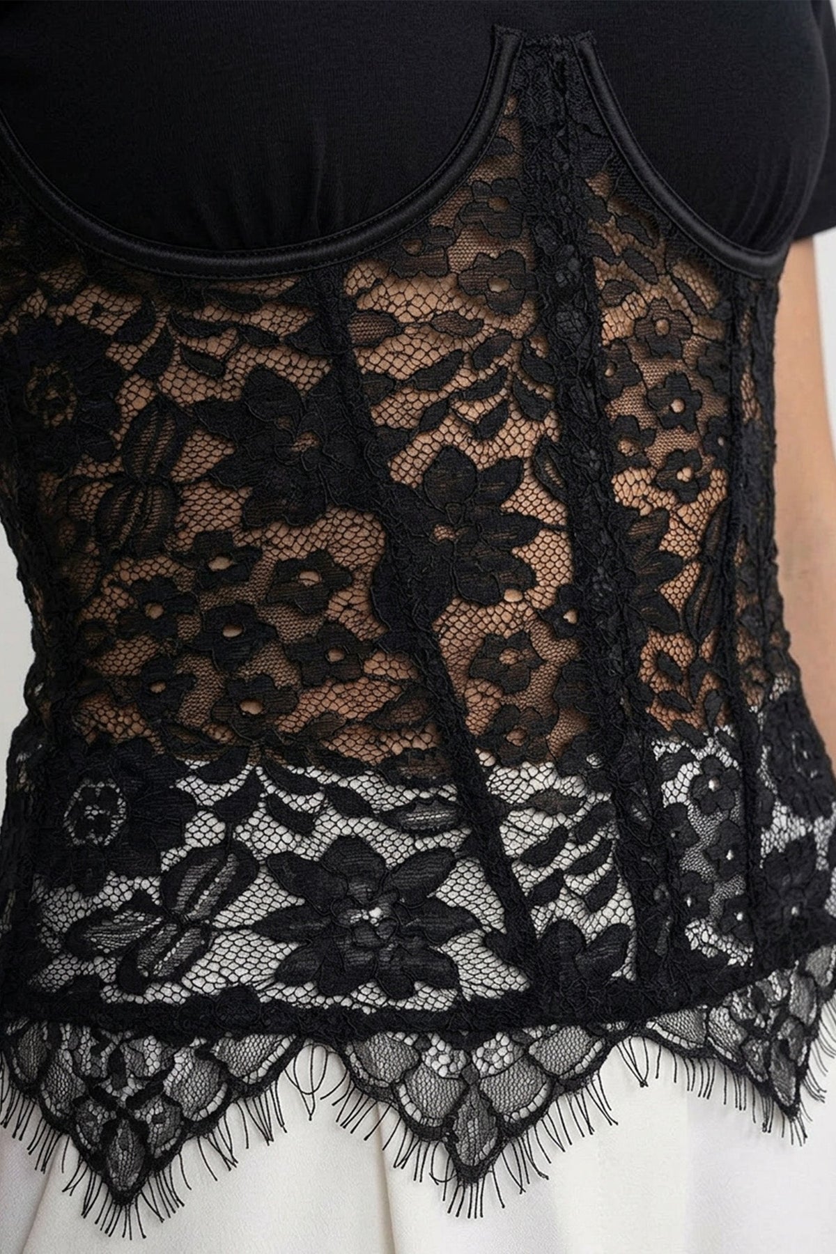 Black Spliced Floral Lace Corset Short Sleeve T-shirt