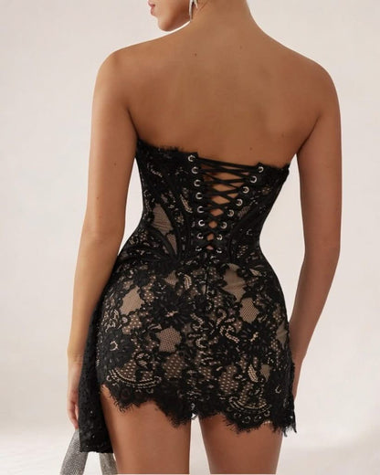 Black lace corset draped mini dress
