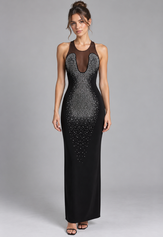 black matte stretch knit column maxi dress