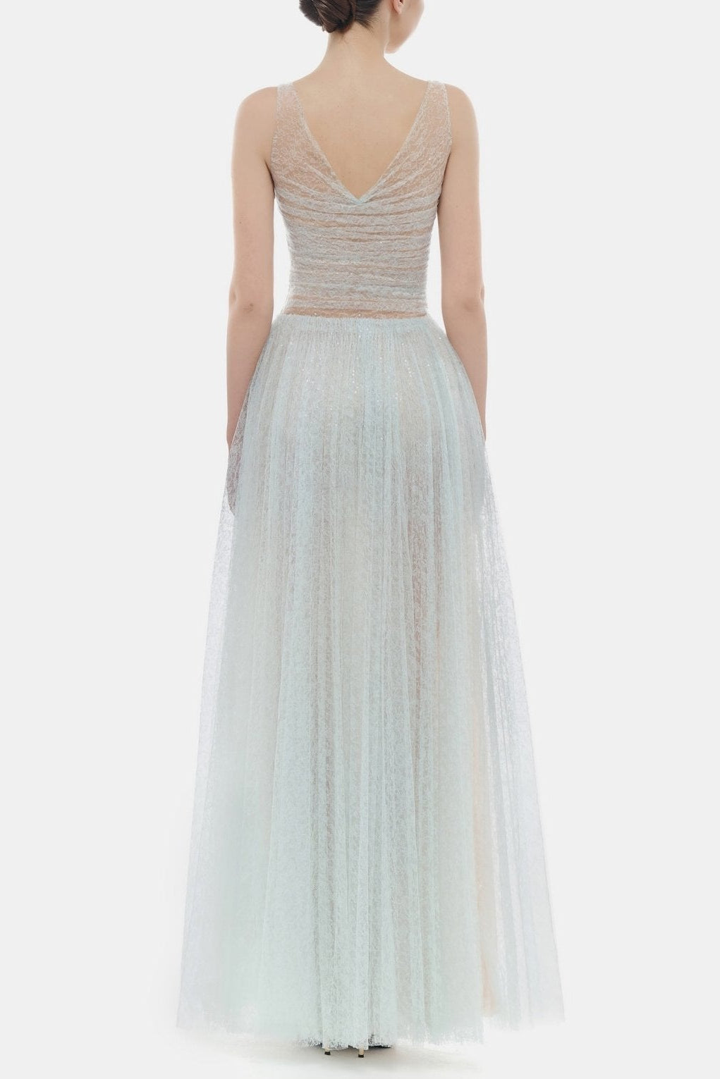 monica blue draped tulle fishbone maxi dress