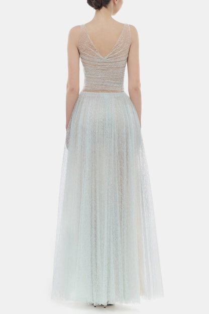 monica blue draped tulle fishbone maxi dress