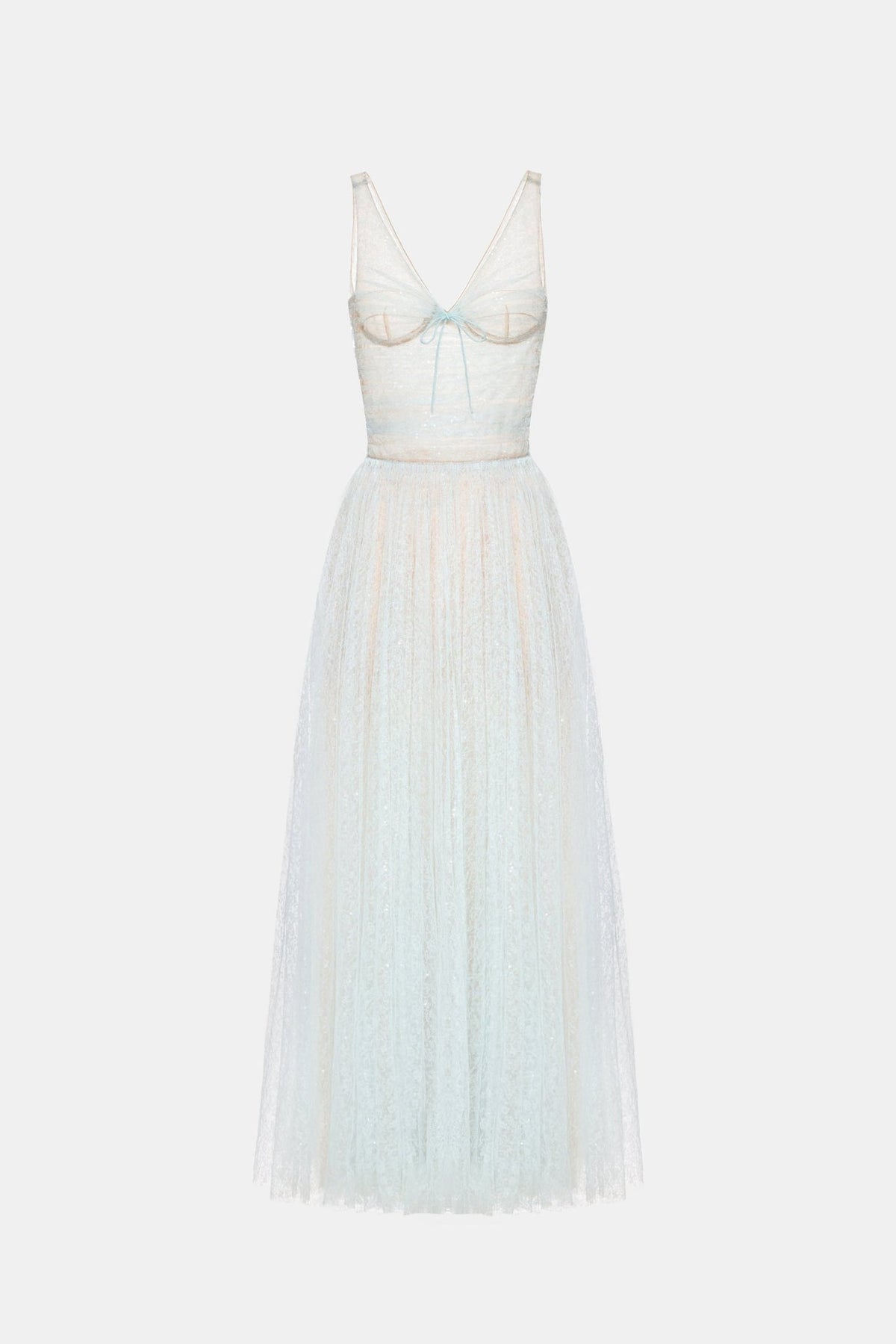 monica blue draped tulle fishbone maxi dress