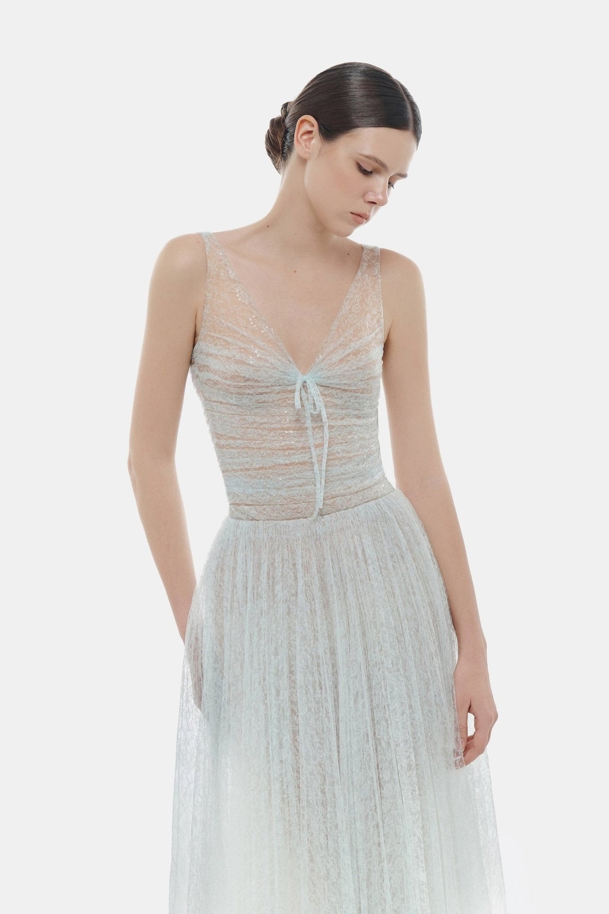 monica blue draped tulle fishbone maxi dress