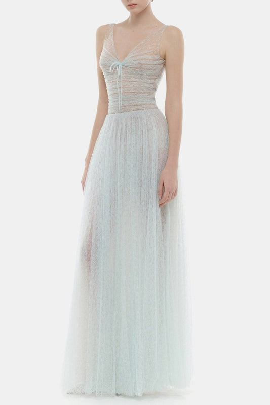 monica blue draped tulle fishbone maxi dress