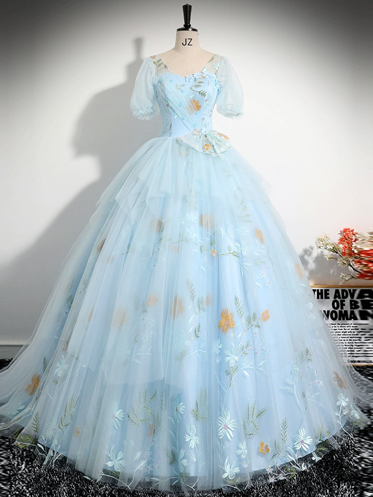 V Neck Tulle Lace Blue Prom Dress
