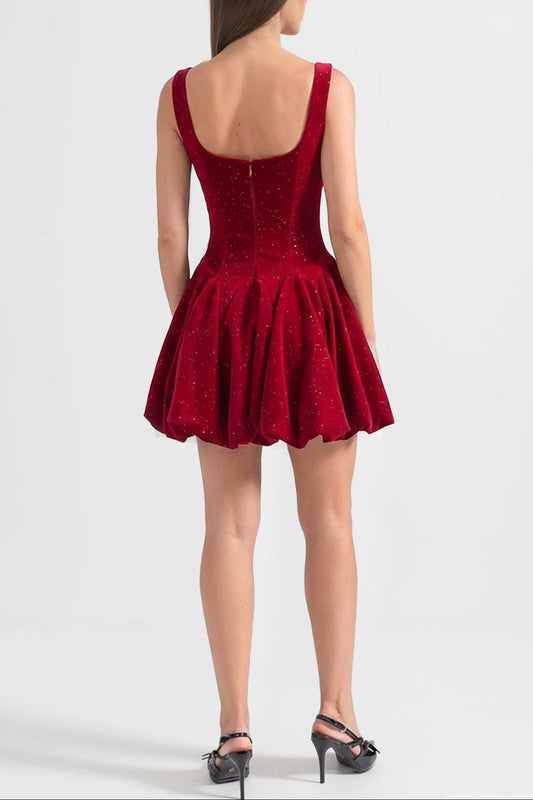 vivien Burgundy Velvet Corset Mini Dress with Crystal-Embellished Neckline