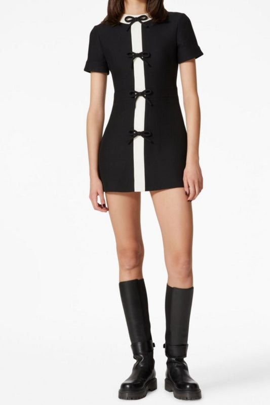 bow-embellished two-tone wool and silk-blend crepe mini dress