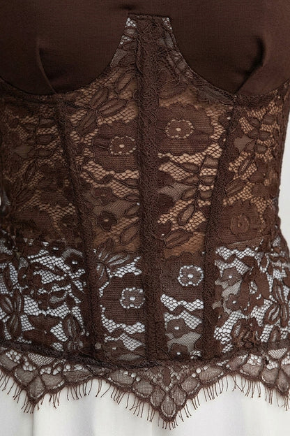 Brown Spliced Lace Corset Short Sleeve Top