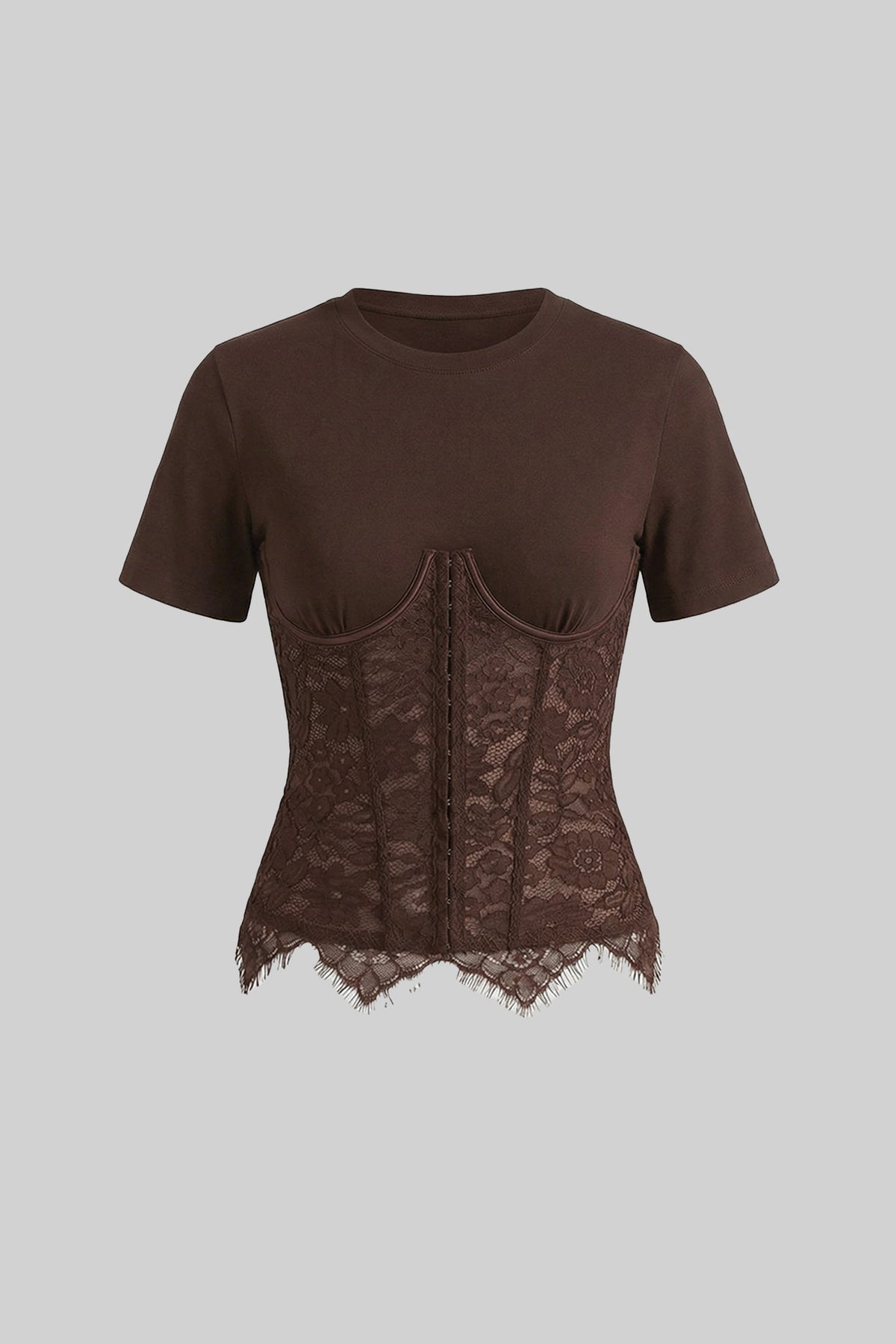 Brown Spliced Lace Corset Short Sleeve Top