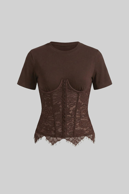 Brown Spliced Lace Corset Short Sleeve Top