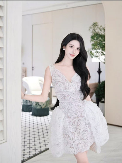 White sequin tulle and lace mini dress