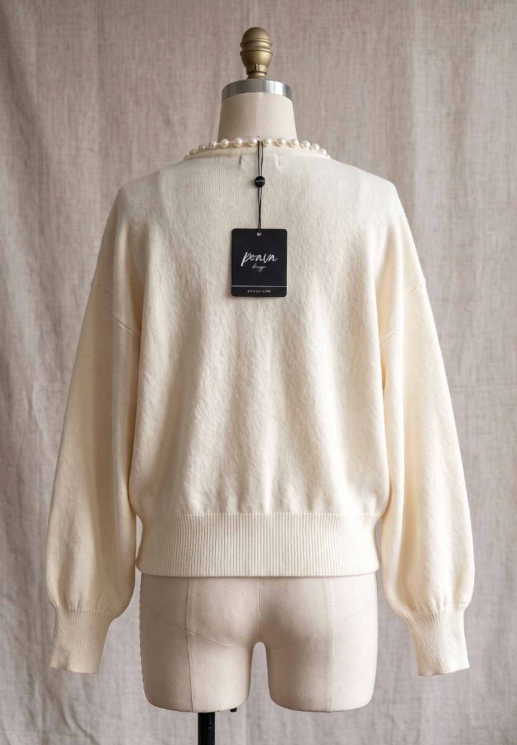 Cream Fine Knit Boxy Cropped Cardigan with Pearl Trim