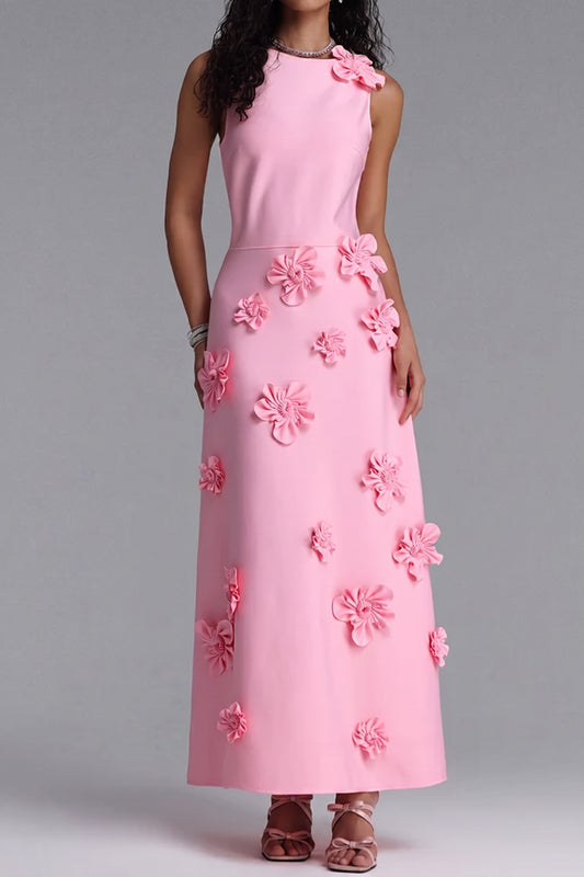 Sleeveless Round Neck 3D Floral Appliqué Straight Midi Dress
