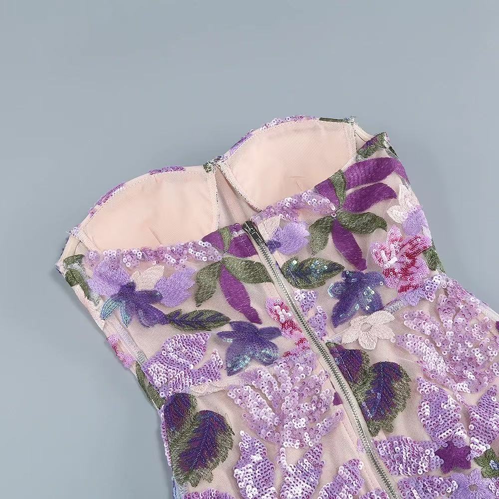 Elara Floral Sequin Embroidered Strapless Maxi Dress - Purple