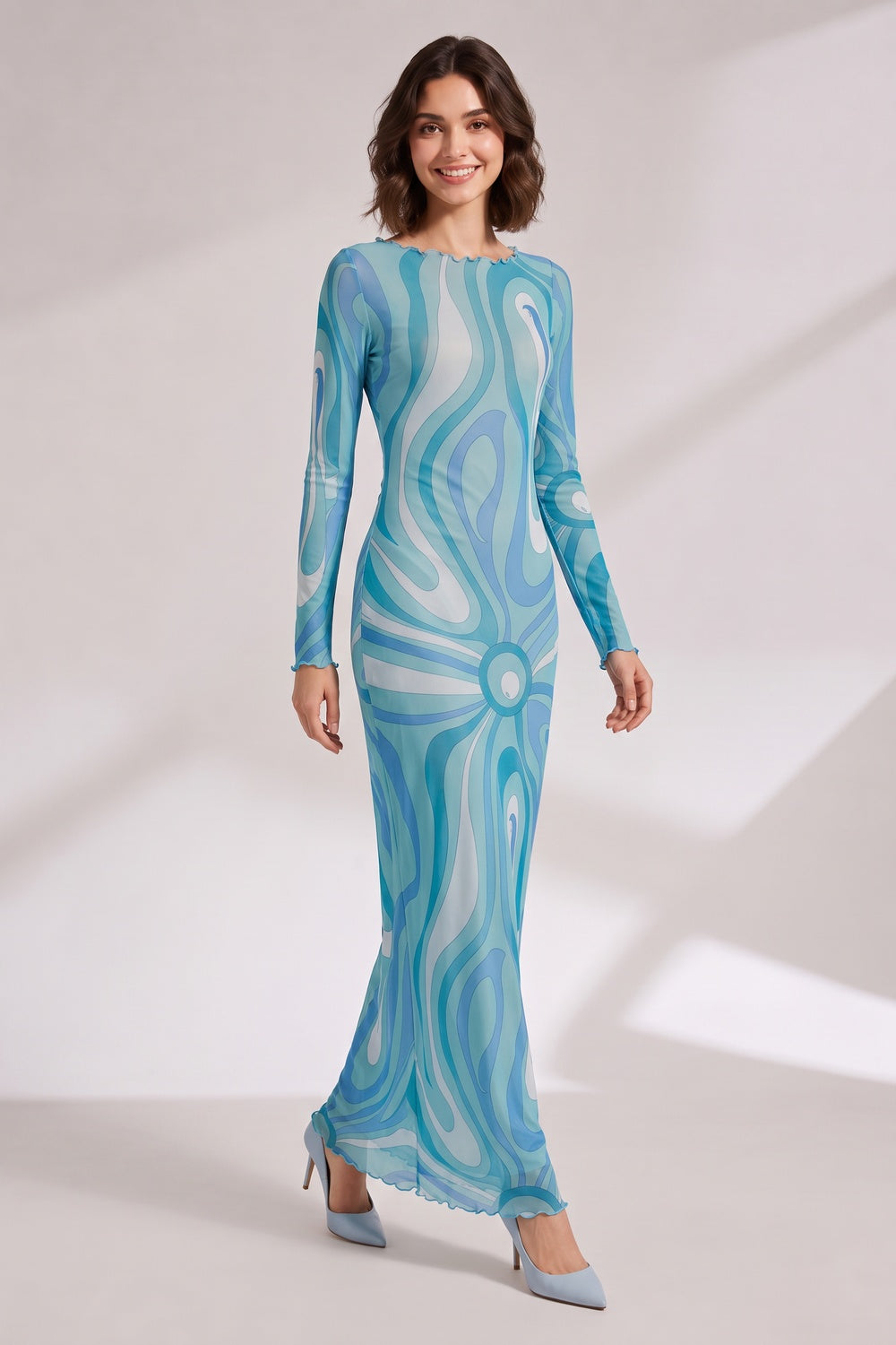 Blue Abstract Wave Maxi Dress with Scalloped Details Premium Fabric - product view 3