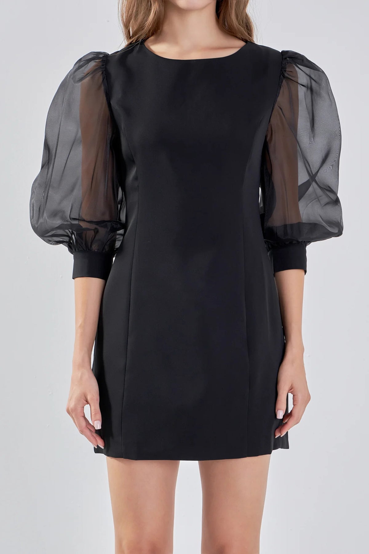 victoria organza puff sleeves mini dress in black