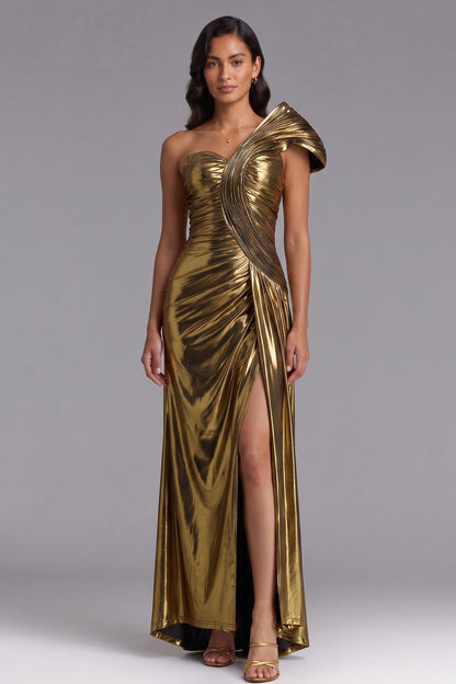 Gold Metallic One-Shoulder Maxi Dress Premium Fabric - product view 3