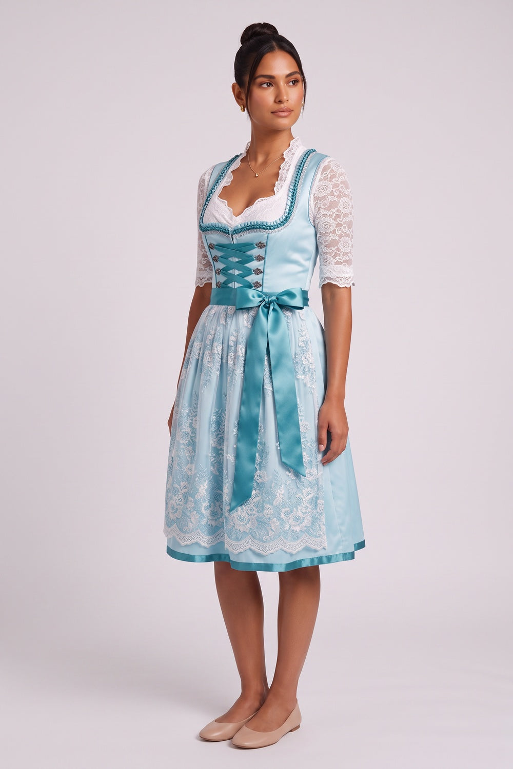 light blue satin-finish polyester or taffeta fit-and-flare dirndl set light blue, aqua satin-finish polyester or taffeta dirndl set - product view 2