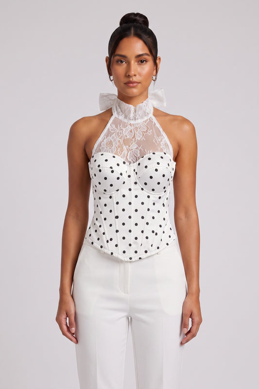 White Polka Dot Bustier Corset Top with Lace Halter white woven cotton-synthetic blend corset top - product view 1