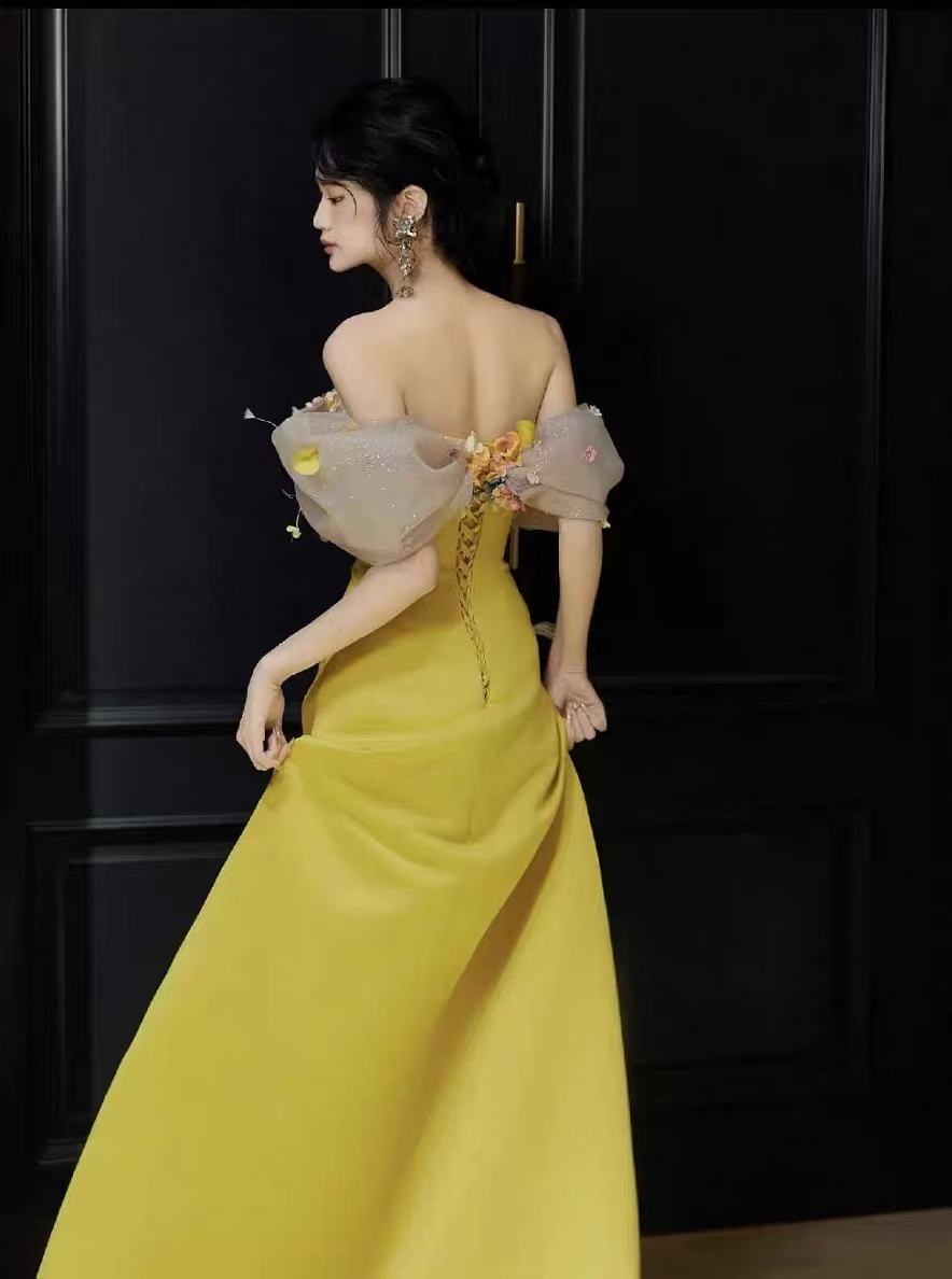 Bright Yellow Satin Strapless Maxi Gown With 3D Colorful Floral Tulle Bust