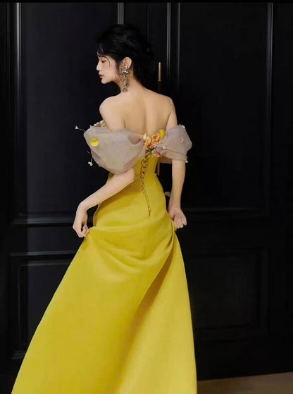 Bright Yellow Satin Strapless Maxi Gown With 3D Colorful Floral Tulle Bust